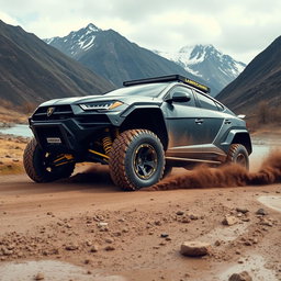 A rugged off-road vehicle resembling a Lamborghini Urus, fully equipped for competition, featuring wide tires and vibrant yellow suspension