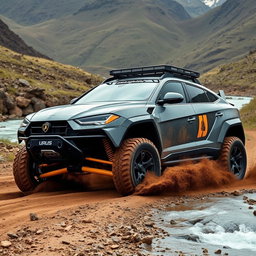 A rugged off-road vehicle resembling a Lamborghini Urus, fully equipped for competition, featuring wide tires and vibrant yellow suspension
