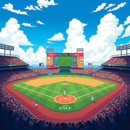 A wide and vibrant pixel art scene depicting a baseball field with a bright blue sky dotted with fluffy white clouds