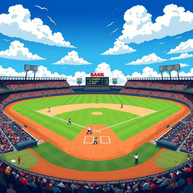 A wide and vibrant pixel art scene depicting a baseball field with a bright blue sky dotted with fluffy white clouds