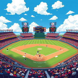 A wide and vibrant pixel art scene depicting a baseball field with a bright blue sky dotted with fluffy white clouds