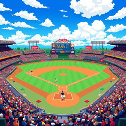 A wide and vibrant pixel art scene depicting a baseball field with a bright blue sky dotted with fluffy white clouds