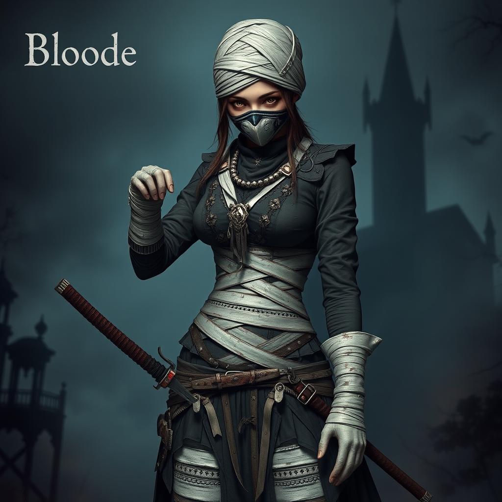 A female Bloodborne hunter dressed in distressed Victorian-style attire, her head wrapped in bandages, with her fingers, legs, and stomach also covered in bandages