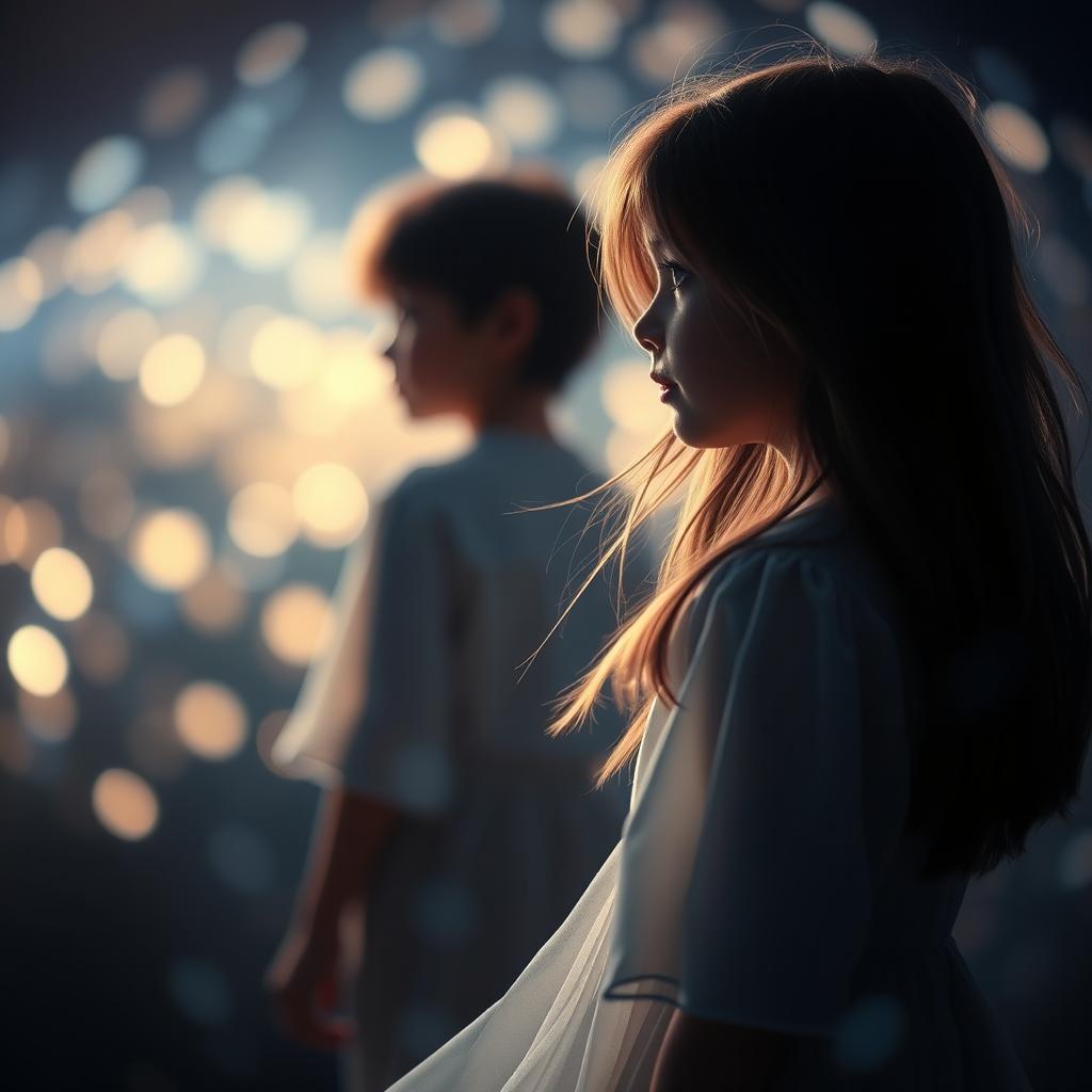 A photograph of a girl gazing thoughtfully at a boy from a distance, bathed in a dreamy atmosphere with soft, diffused lights creating an enchanting effect around them
