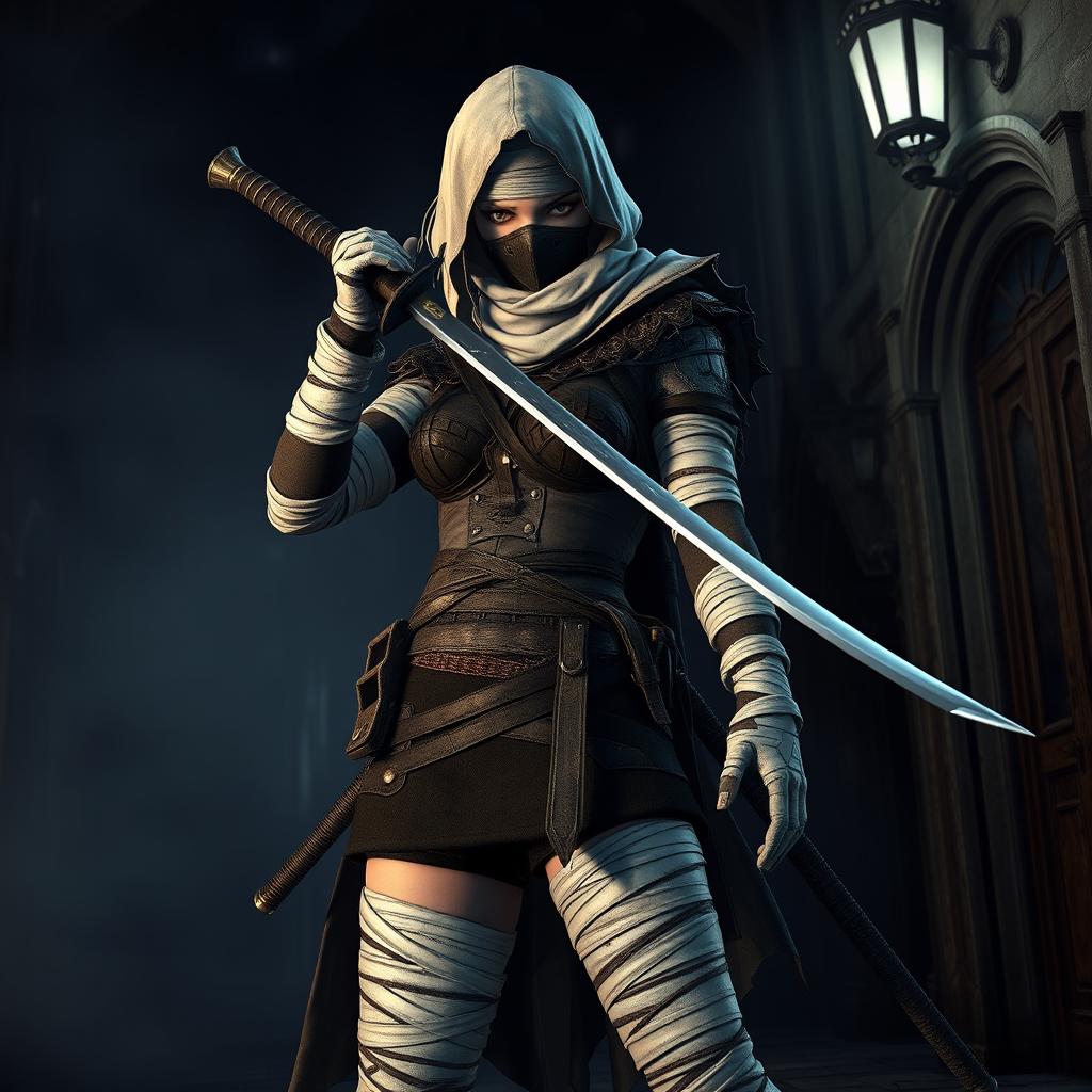 A female Bloodborne hunter, intricately detailed, dressed in a gothic-inspired outfit