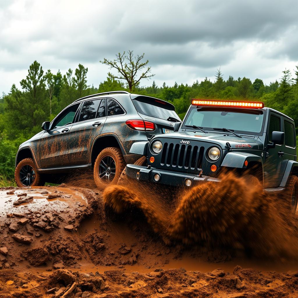 An intense scene depicting a Mercedes-Benz GLE AMG being pulled out of muddy terrain by a modified Jeep Wrangler, showcasing their rugged capabilities