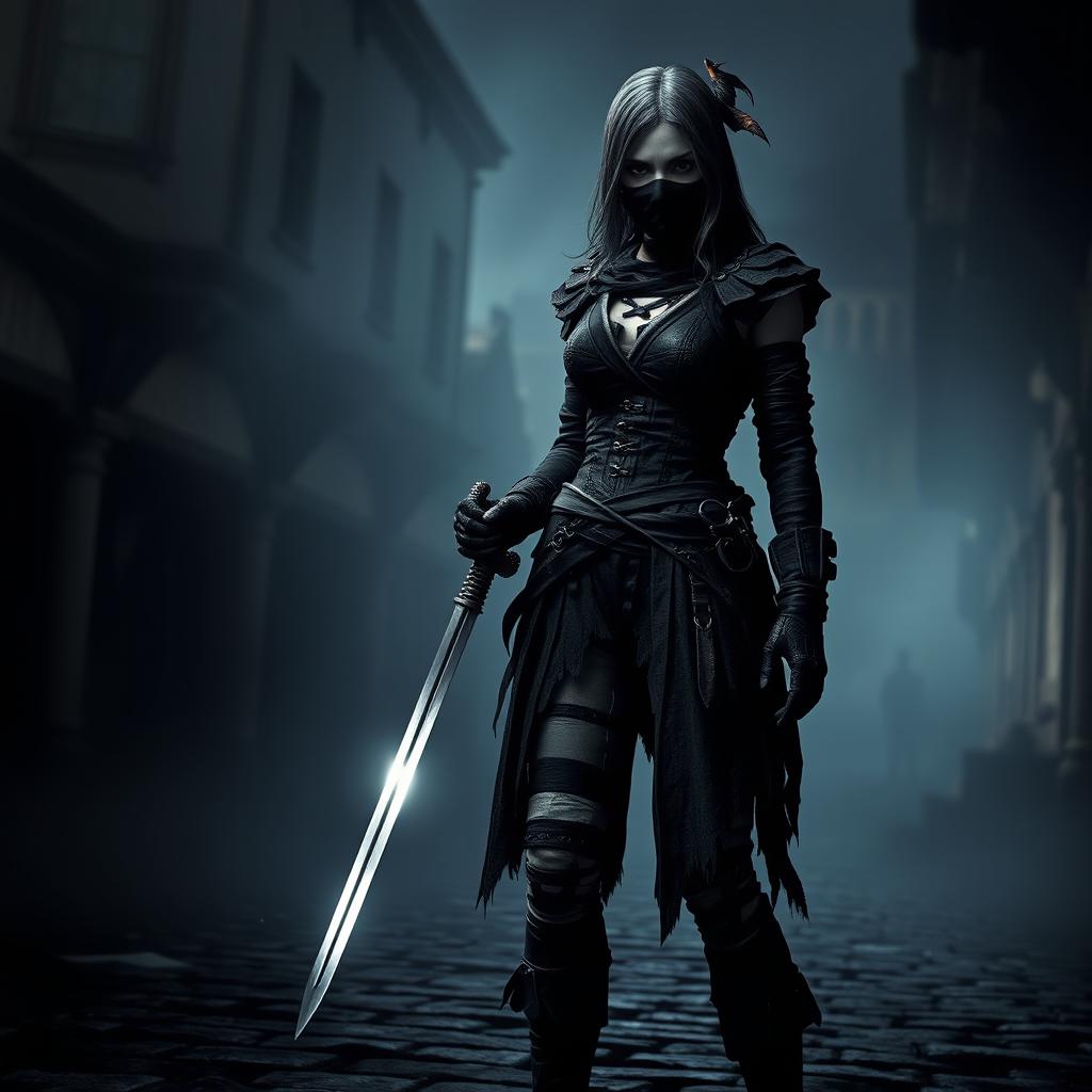 A fierce female Bloodborne hunter standing in a dimly lit, gothic environment