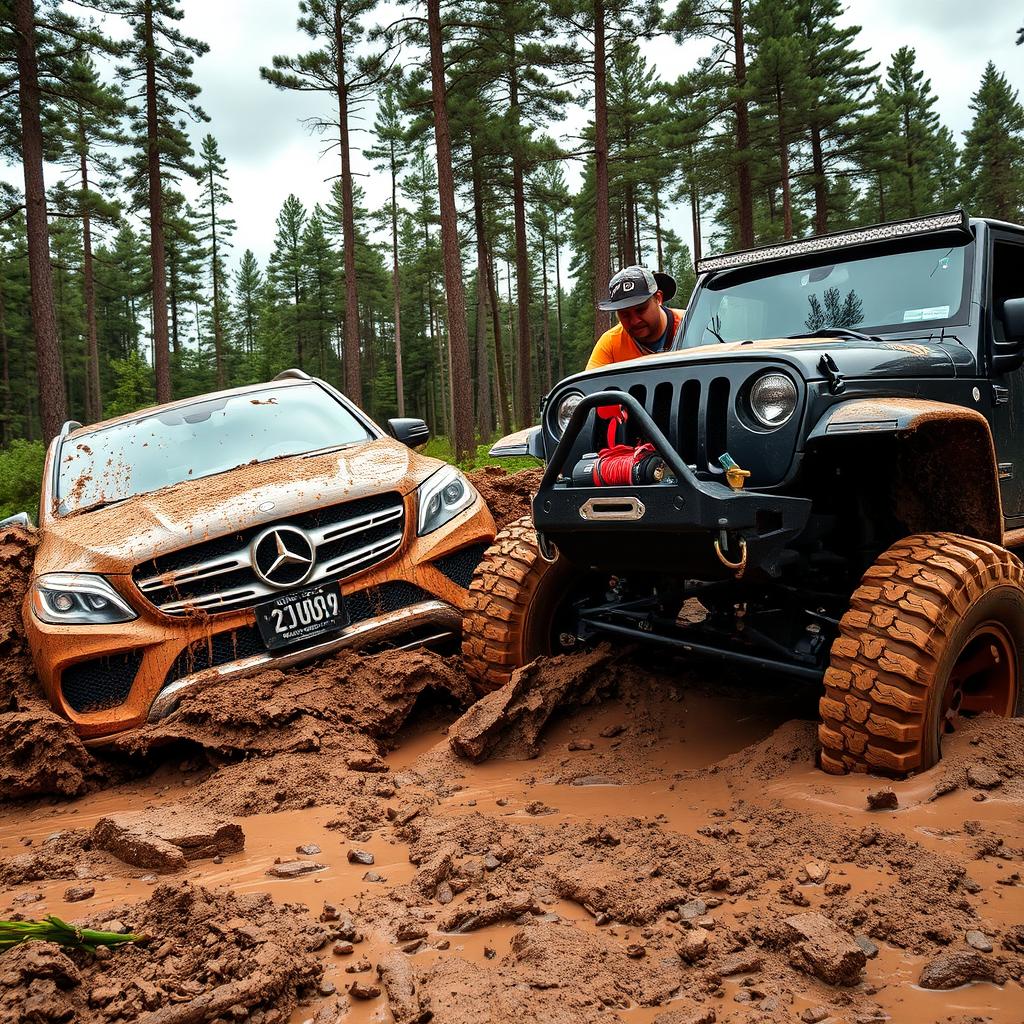 An action-packed scene featuring a 2016 Mercedes-Benz GLE AMG being pulled out of thick mud by a custom-tuned Jeep Wrangler