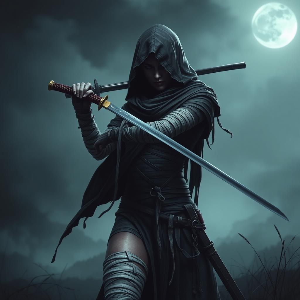 A fierce Bloodborne-inspired female hunter, intricately detailed with bandage wraps around her head, fingers, legs, and stomach