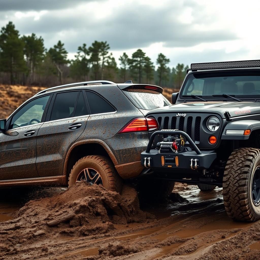 A dramatic scene showcasing a 2016 Mercedes-Benz GLE AMG being towed out of thick mud by a specially modified Jeep Wrangler