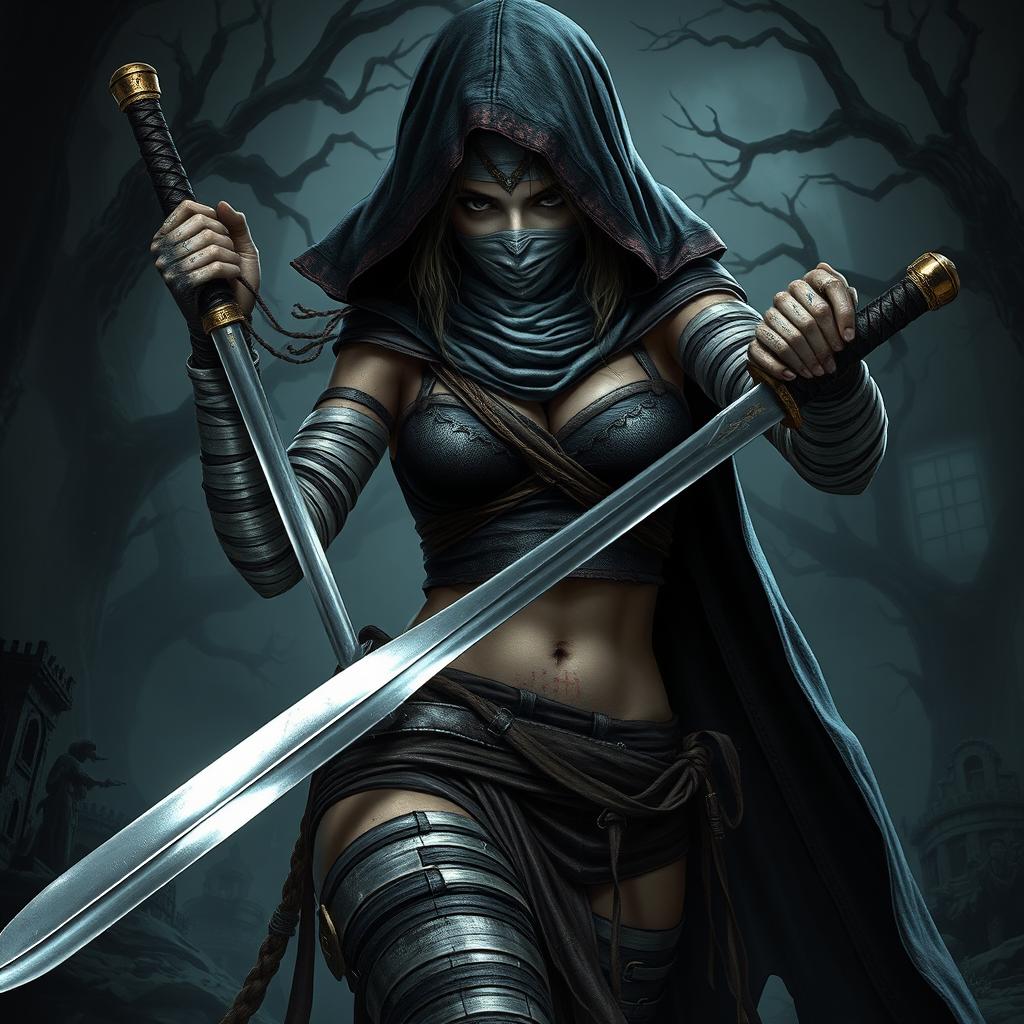 A fierce female Bloodborne hunter adorned with intricate bandage wraps on her head, fingers, legs, and stomach
