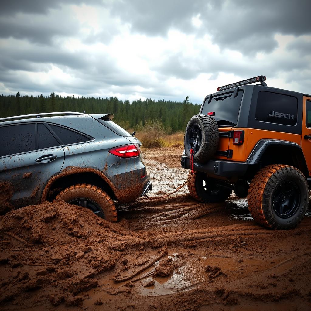 A dramatic scene featuring a 2016 Mercedes-Benz GLE AMG being towed out of thick, muddy ground by a custom-tuned Jeep Wrangler using a tow rope