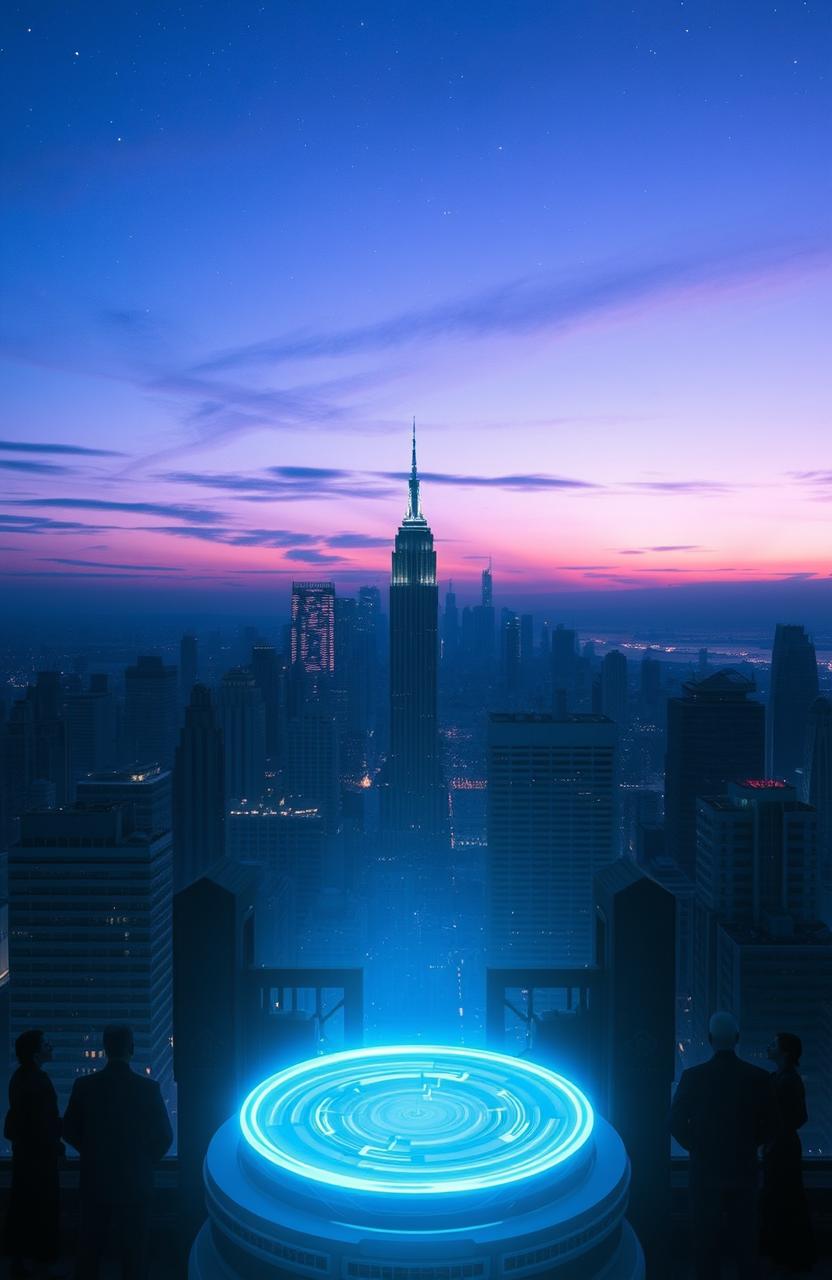 A futuristic city skyline at dusk featuring a blend of modern and slightly dystopian architecture