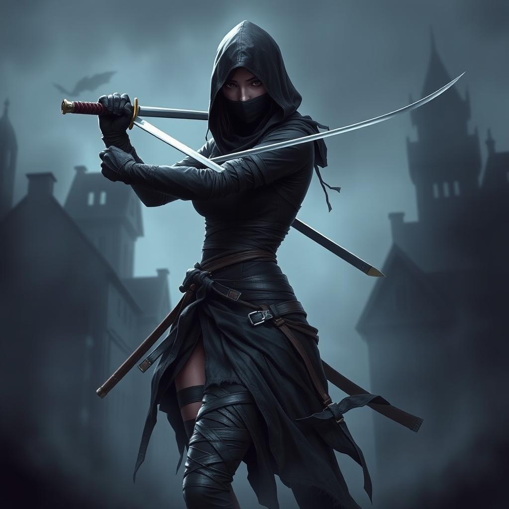 A female Bloodborne hunter depicted as a stealthy ninja, elegantly posed with a katana drawn