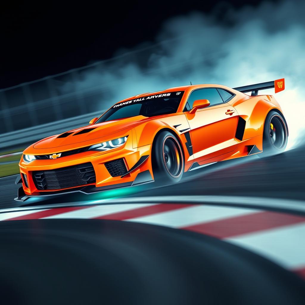 A bright, aggressive sports car designed as a transformer, featuring wide wheels and colorful brake calipers, drifting on a race track
