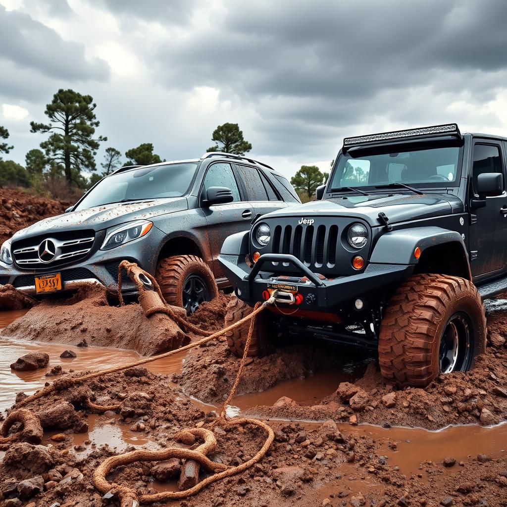 A thrilling scene depicting a 2016 Mercedes-Benz GLE AMG being towed out of deep mud by a custom-tuned Jeep Wrangler using a sturdy tow rope