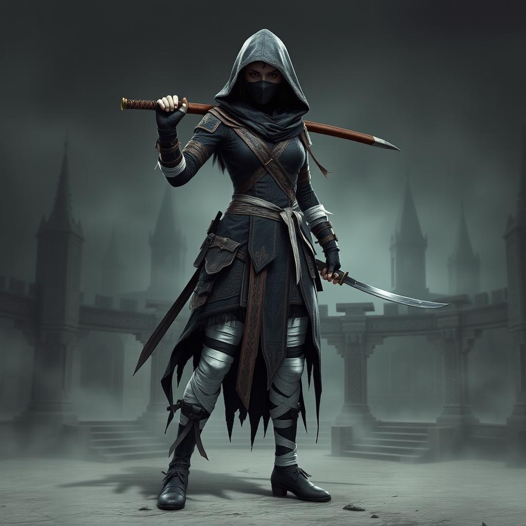 A female Bloodborne hunter ninja character, full body, standing confidently