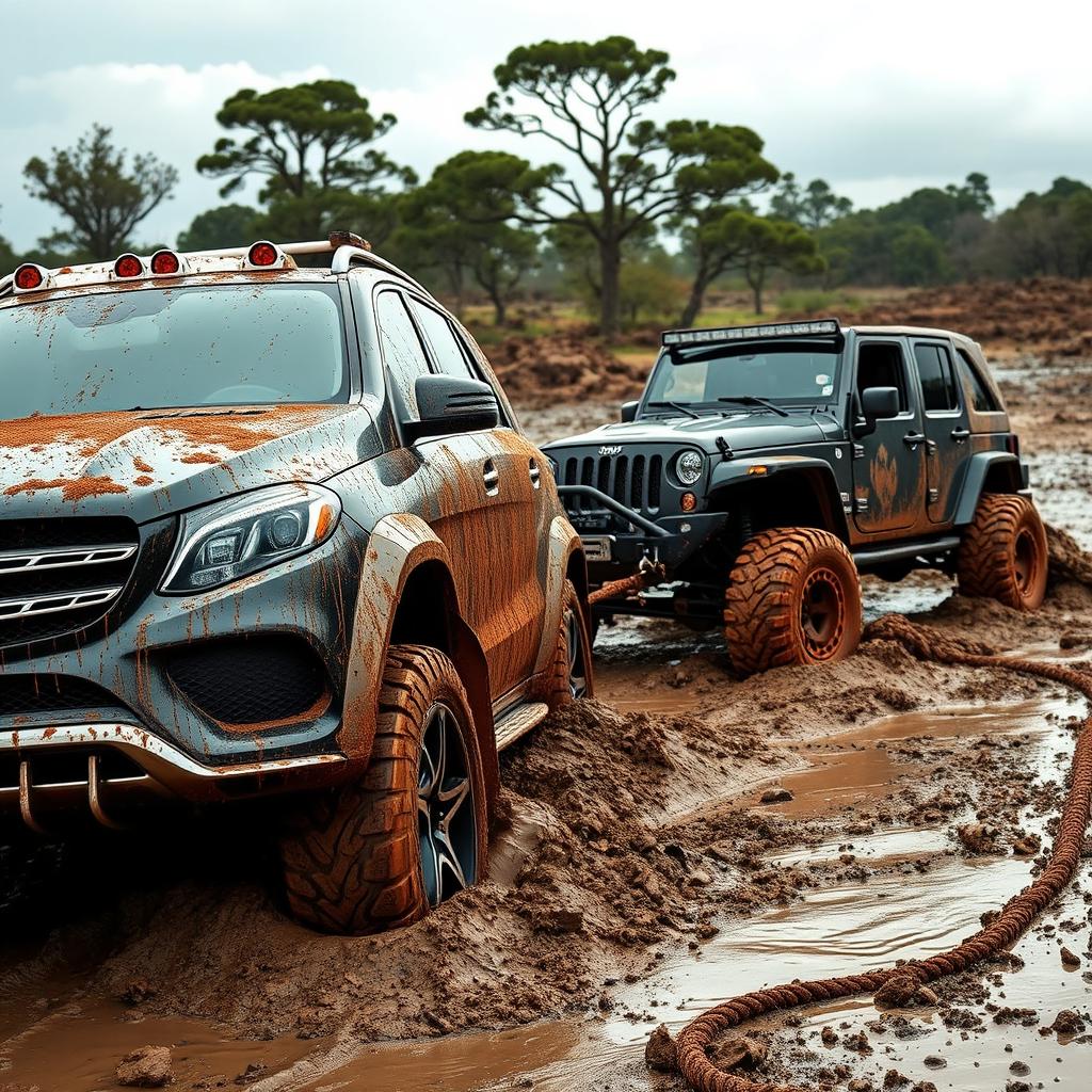 An intense and dynamic scene featuring a 2016 Mercedes-Benz GLE AMG being towed out of thick mud by a custom-tuned Jeep Wrangler using a sturdy tow rope