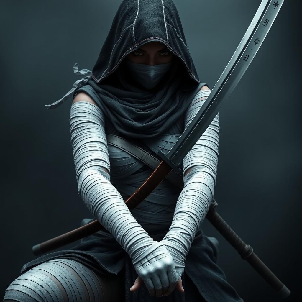 A female Bloodborne hunter ninja, showcasing intricate white bandage wraps on her head, fingers, legs, and stomach