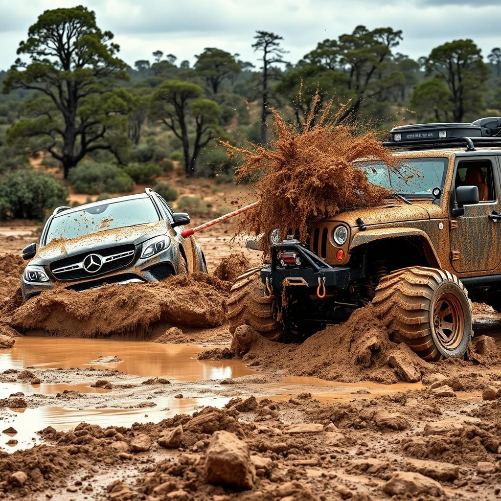 An exhilarating scene illustrating a 2016 Mercedes-Benz GLE AMG being towed out of deep, muddy terrain by a heavily modified Jeep Wrangler using a robust tow rope