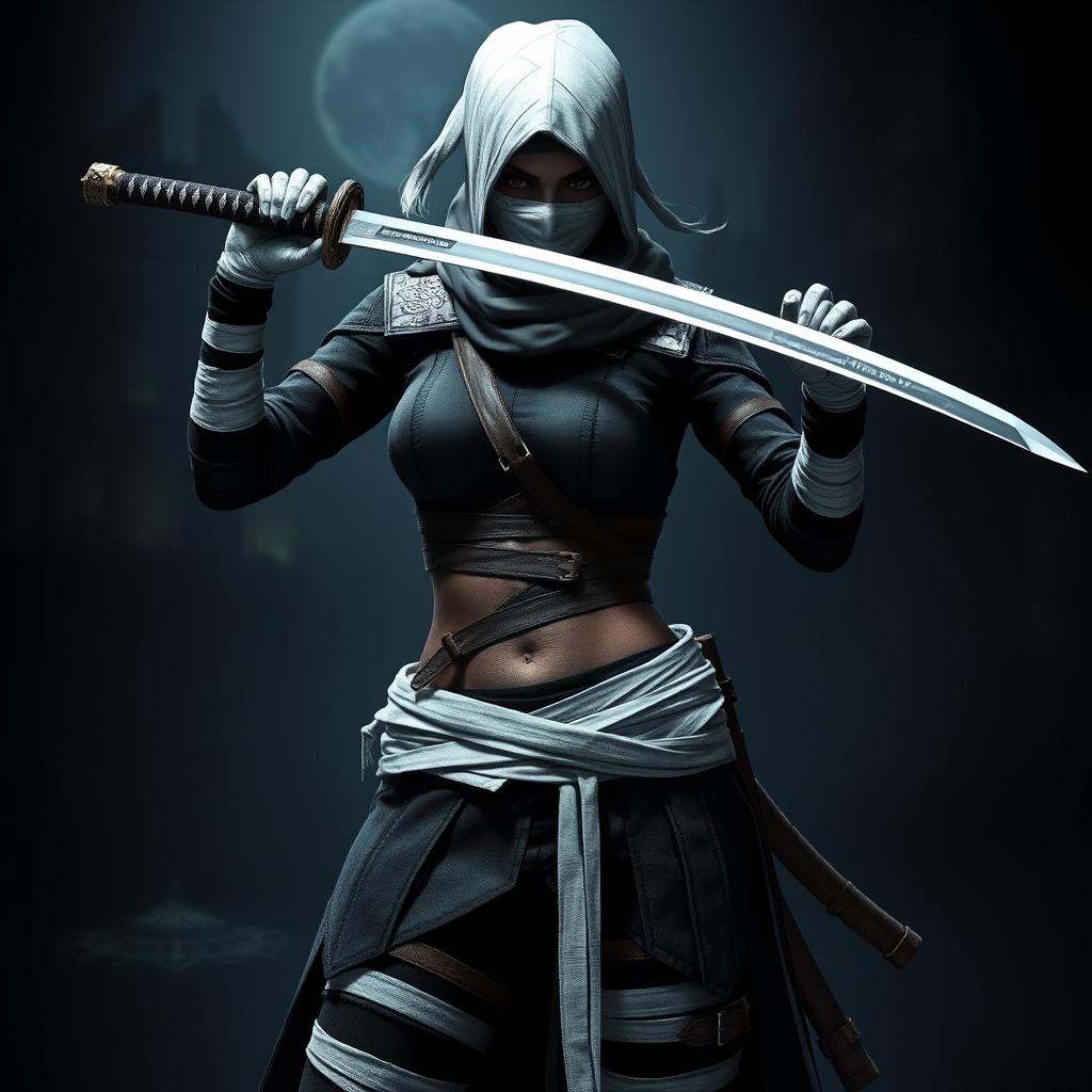A female Bloodborne hunter ninja character, dressed in a fierce and stylish outfit, featuring white bandage wraps on her head, fingers, legs, and stomach