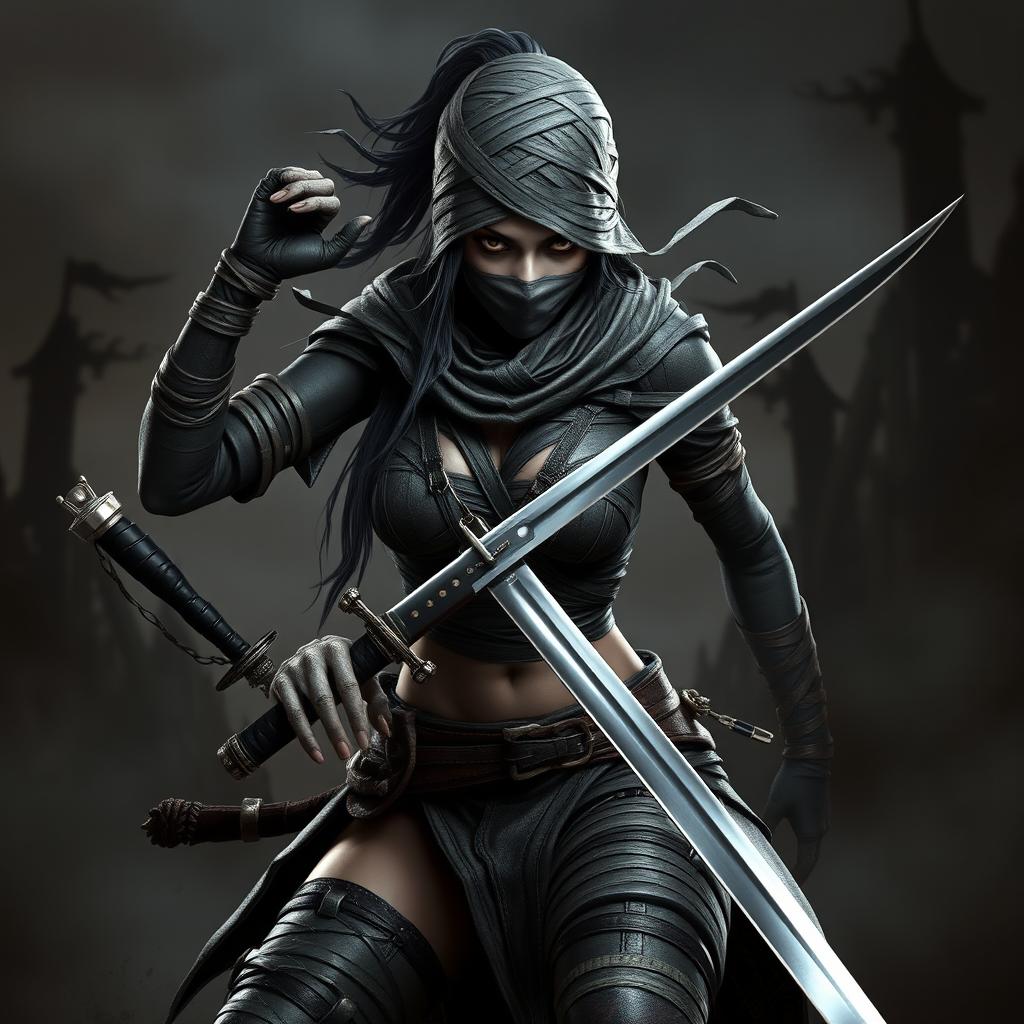 A fierce female Bloodborne hunter, adorned with intricate bandage wraps around her head, fingers, legs, and stomach, wielding a gleaming katana