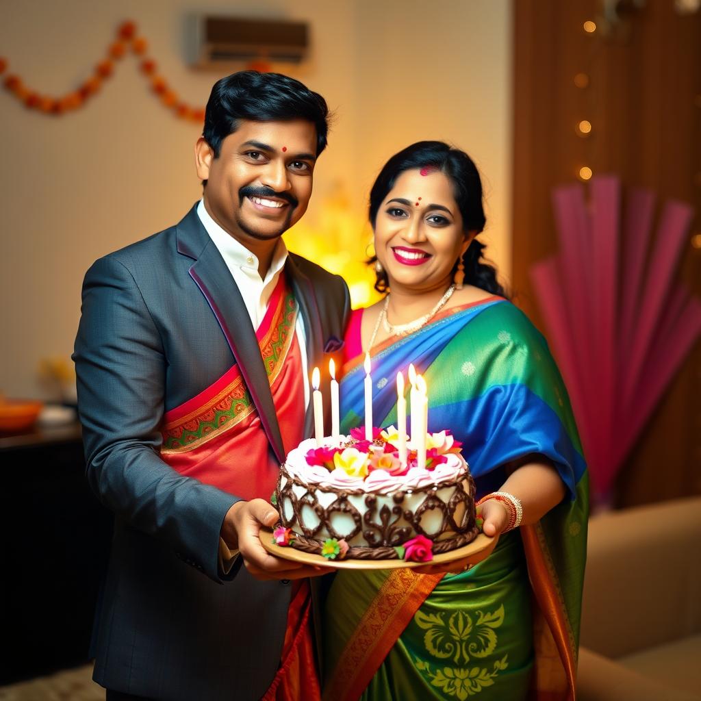 An Indian couple celebrating their anniversary, the wife is wearing a beautiful, colorful saree adorned with intricate patterns, and the husband is dressed in a sharp, elegant suit