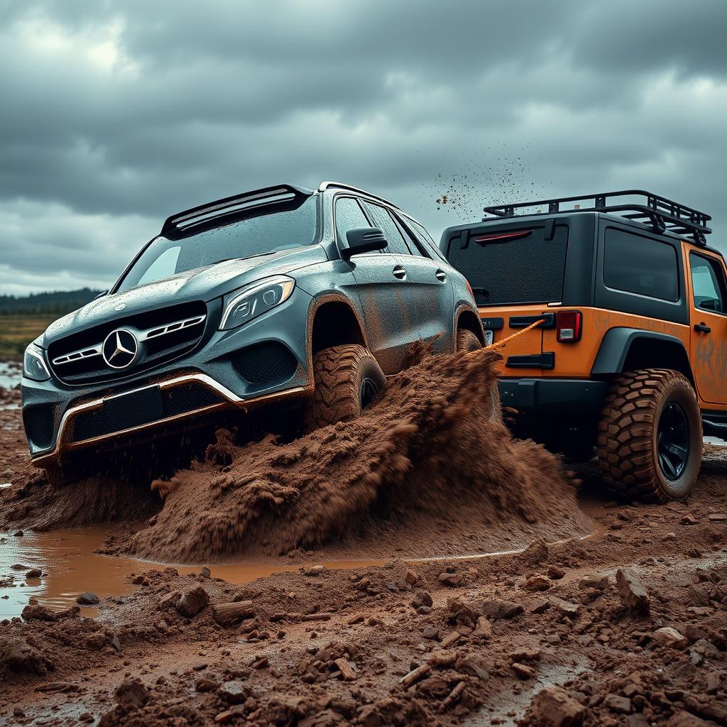 A dynamic and thrilling scene depicting a 2016 Mercedes-Benz GLE AMG being towed through thick mud by a heavily modified Jeep Wrangler, secured with a strong tow rope