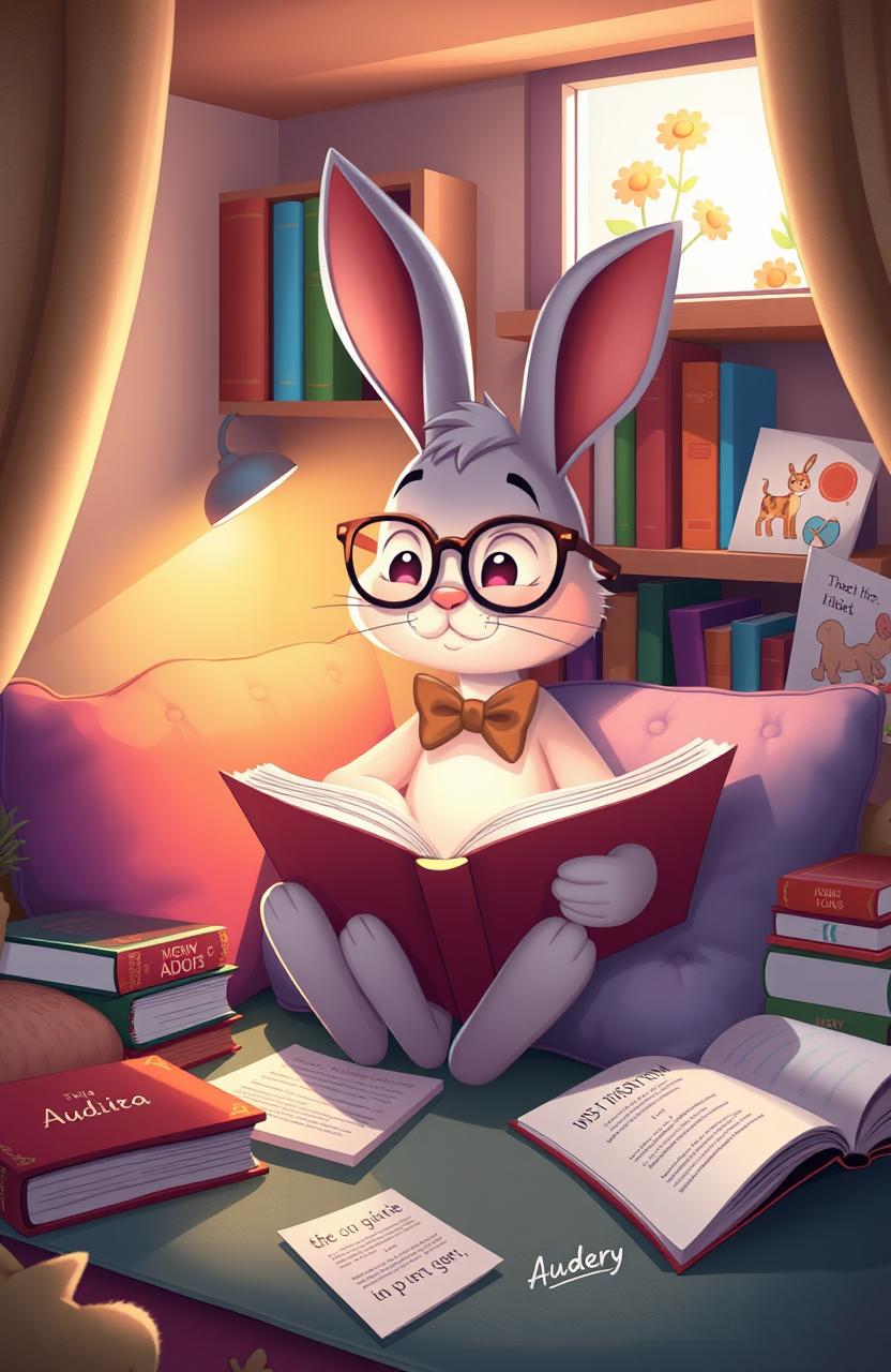 A whimsical scene featuring Audrey, a cute anthropomorphic bunny, surrounded by a colorful assortment of books in a cozy reading nook