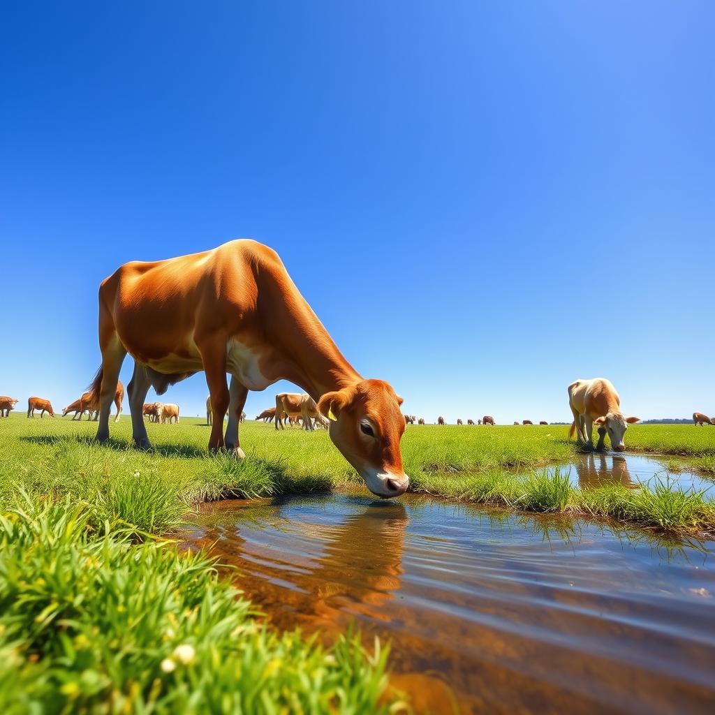 A herd of cattle grazing in a lush green field under a clear blue sky