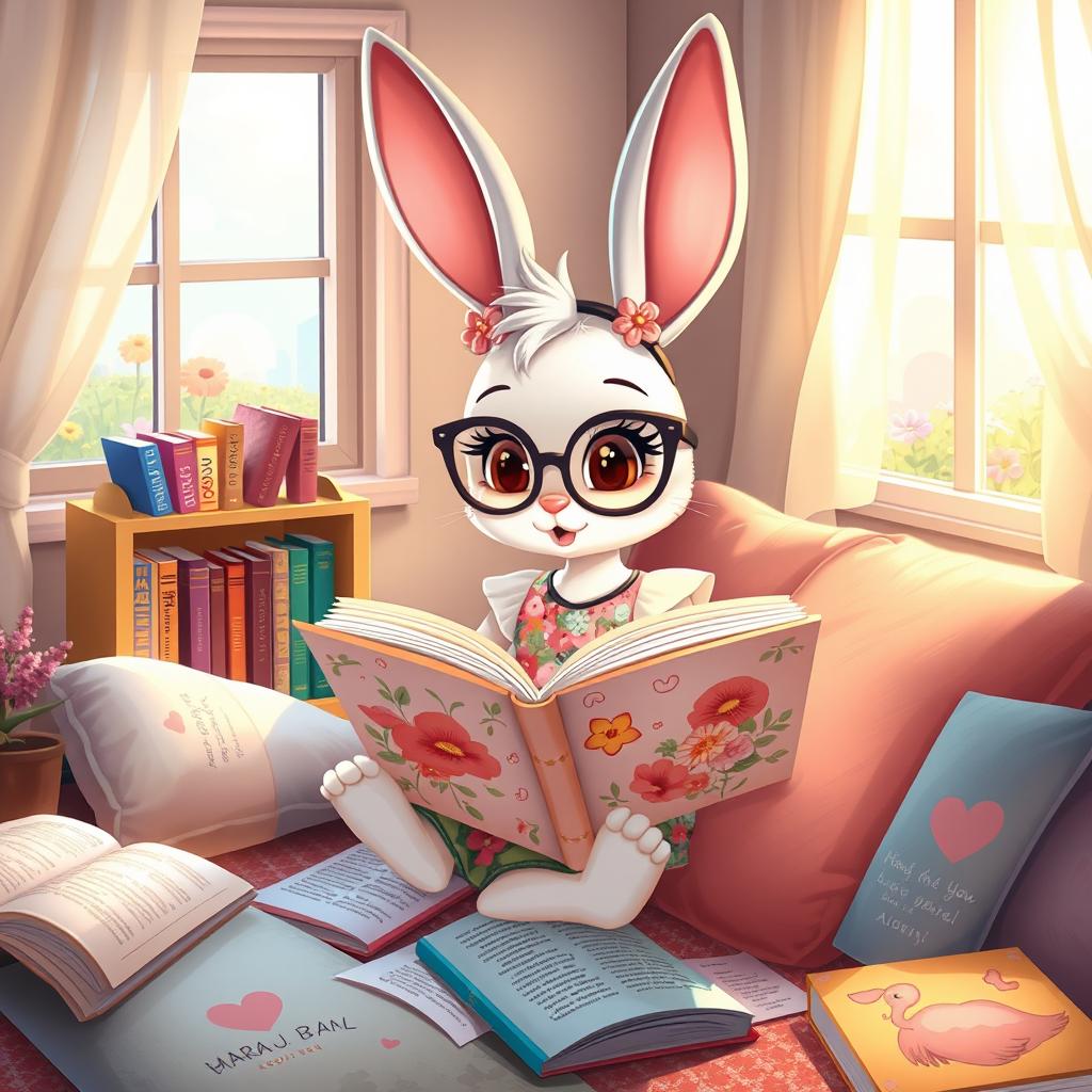 A whimsical scene featuring Audrey, a cute, girly anthropomorphic bunny with long eyelashes and a lovely floral dress, surrounded by a colorful assortment of books in a cozy reading nook