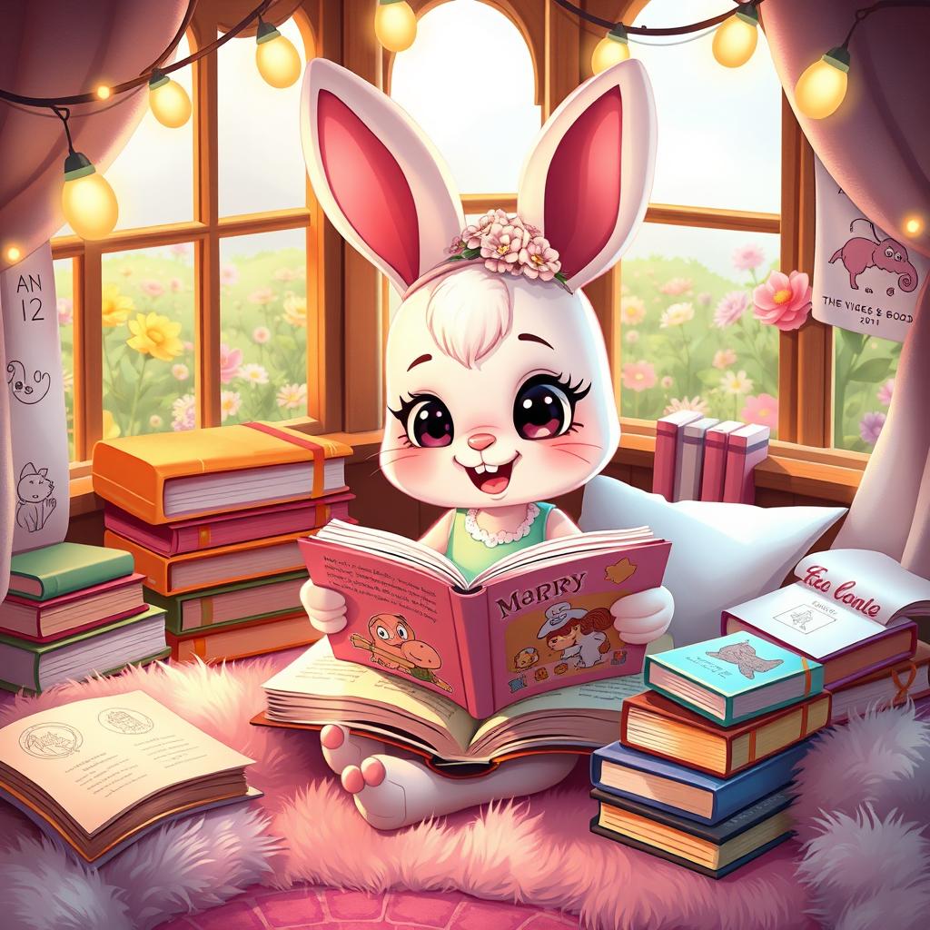 A whimsical scene featuring Audrey, a stylized, girly anthropomorphic bunny with floppy ears and a pastel-colored dress, seated in a cozy reading nook filled with a variety of enchanting books