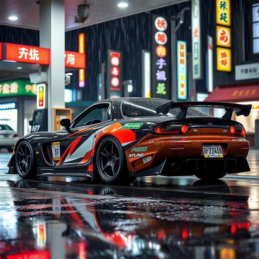 A captivating scene of a modified Mazda RX-7 parked at a gas station under the rain in Tokyo