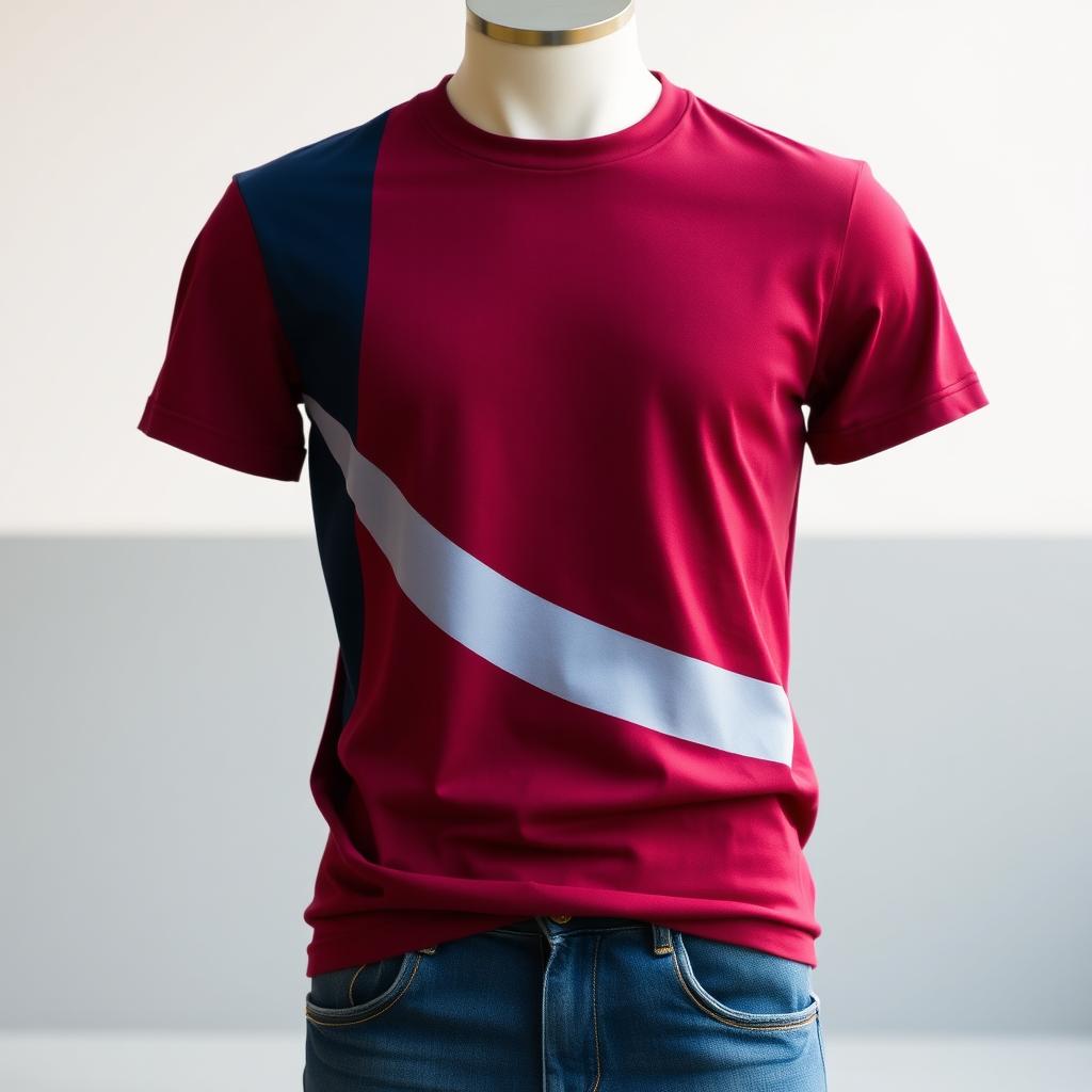 A stylish and modern T-shirt design featuring maroon and navy blue colors