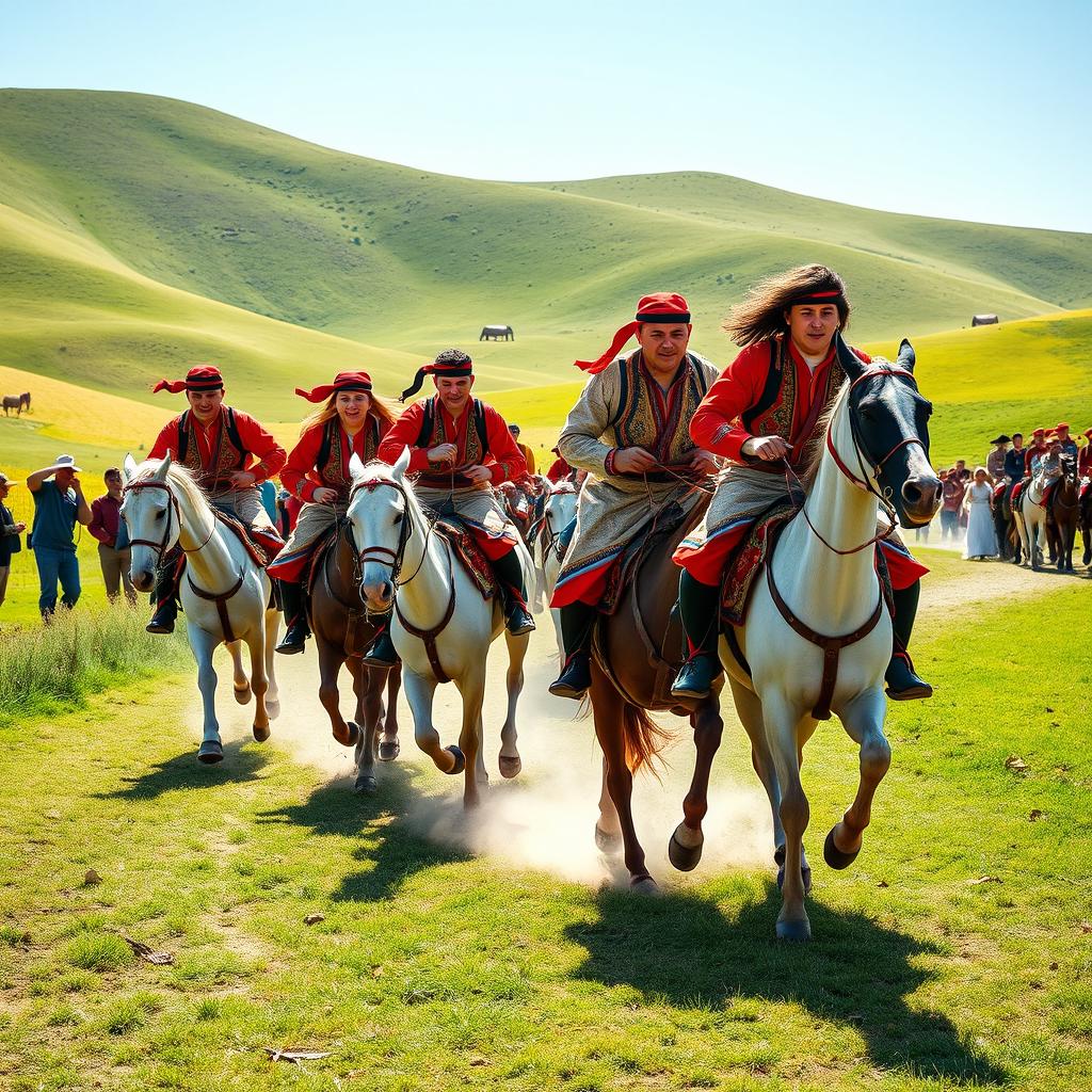 A lively outdoor scene depicting a traditional sport called "Auyl Sport," with participants engaged in various activities