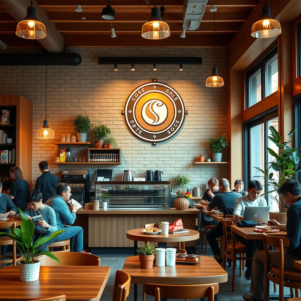A cozy coffee store interior featuring an inviting atmosphere with wooden furniture, warm lighting, and large windows letting in natural light
