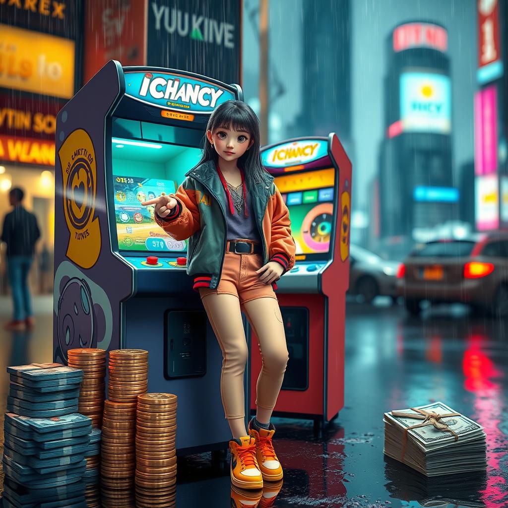 A trendy and stylish girl standing in a rainy atmosphere, pointing at an Ichancy arcade machine