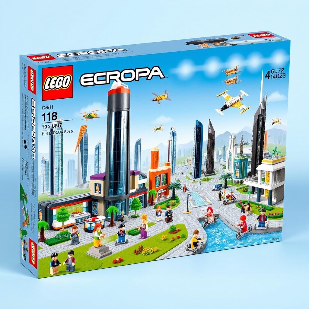 An exciting LEGO box set featuring Europa City, showcasing a futuristic urban landscape complete with sleek skyscrapers, vibrant parks, and bustling streets