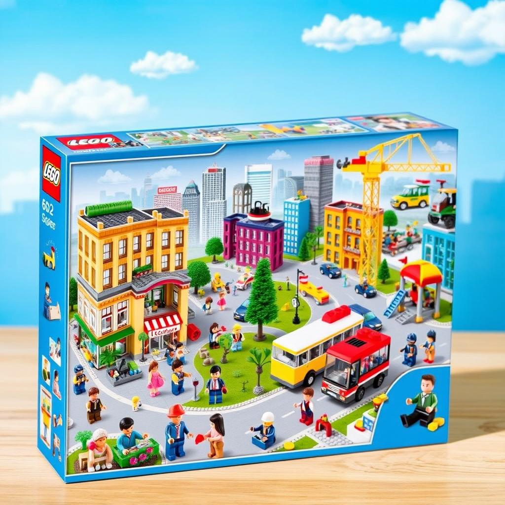 A vibrant LEGO box set featuring a bustling City theme, highlighting a dynamic urban landscape filled with colorful buildings, vehicles, and minifigures