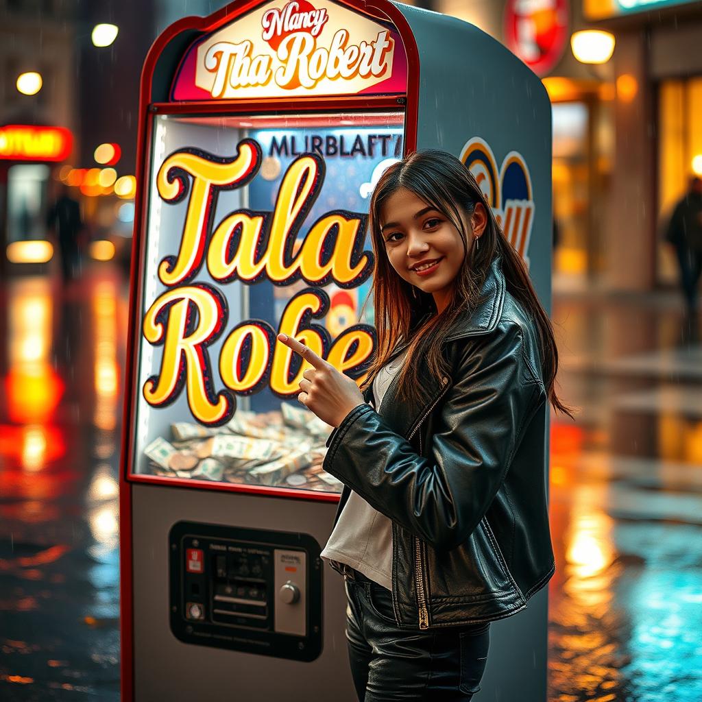A stylish girl in modern clothing standing in the rain, playfully pointing at an ichancy arcade machine adorned with intricate, decorative lettering saying 'Tala Robert'