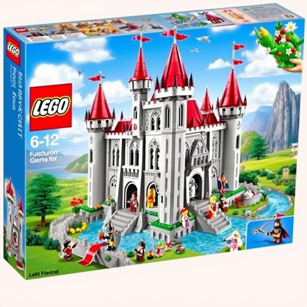 An enchanting LEGO box set featuring the Europa Castle, depicting a majestic castle set in a fantastical landscape