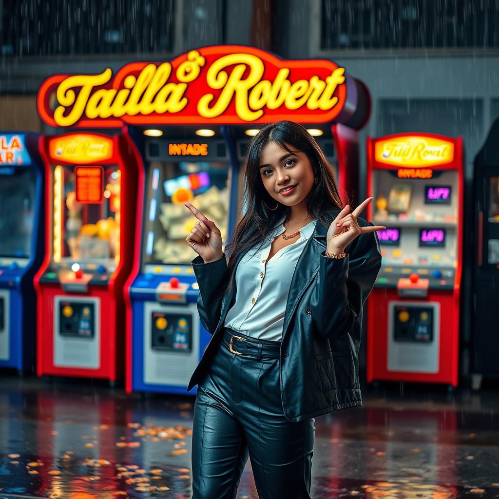 A fashionable young woman dressed in a modern and stylish outfit stands in a rainy environment, playfully pointing towards an arcade machine labeled 'Tala Robert' in ornate lettering
