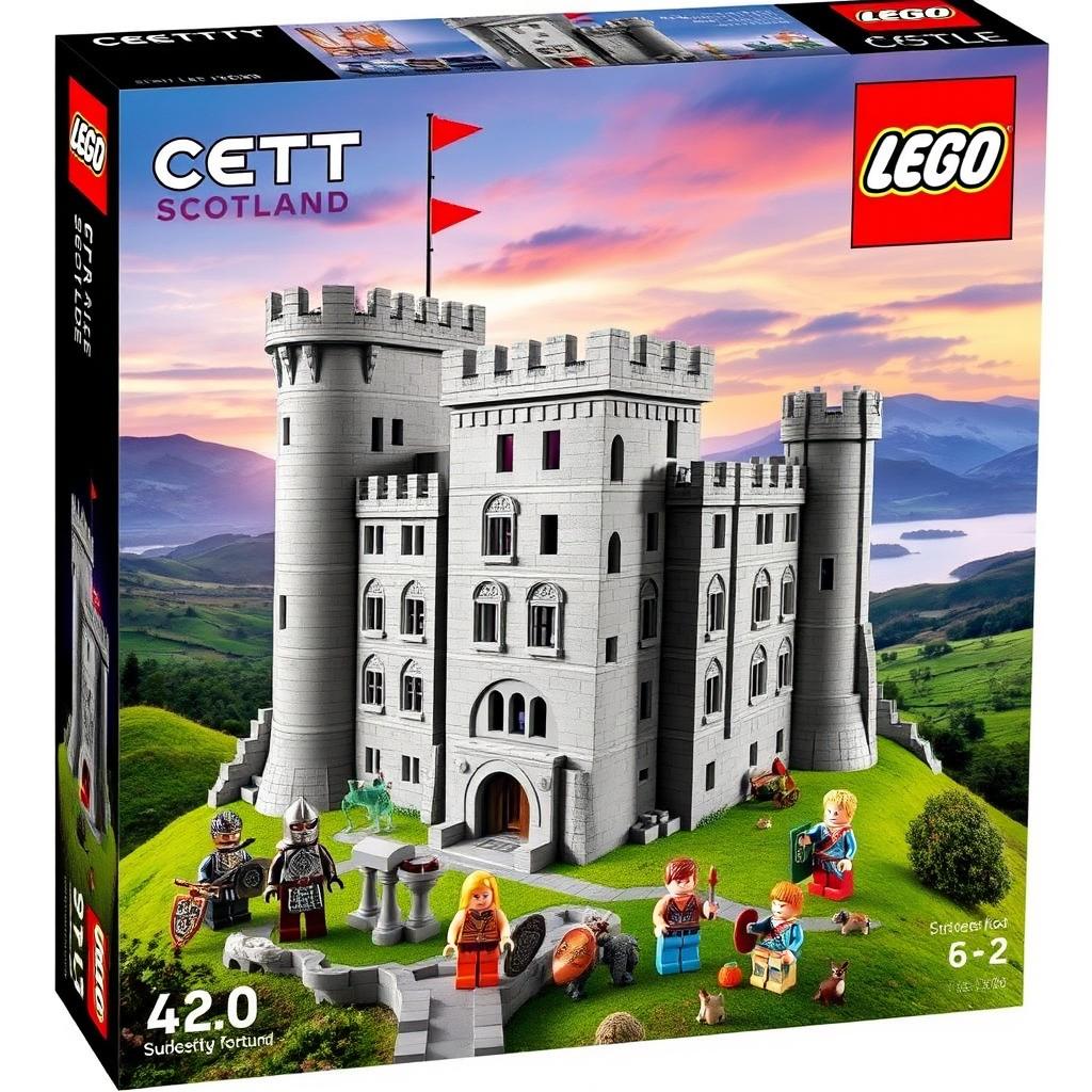 A captivating LEGO box set featuring a stunning Scotland-inspired castle, showcasing traditional Scottish architecture with tall stone towers, battlements, and arched windows
