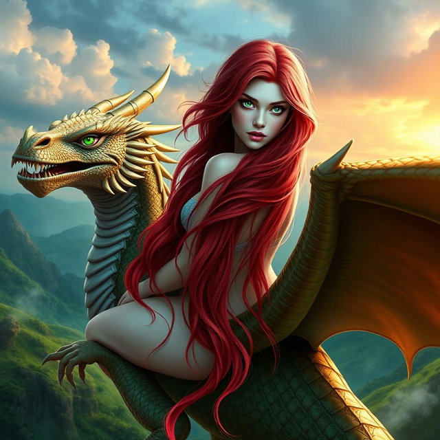 A sexy female with long, flowing rose red hair cascading down her back, contrasting beautifully with her snow white skin