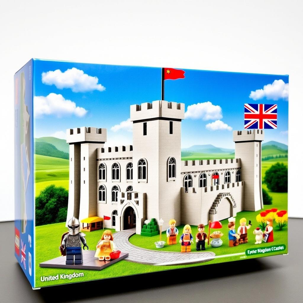 A delightful LEGO box set featuring the United Kingdom Castle, showcasing a grand castle inspired by traditional British architecture, complete with tall towers, crenellated battlements, and arched windows