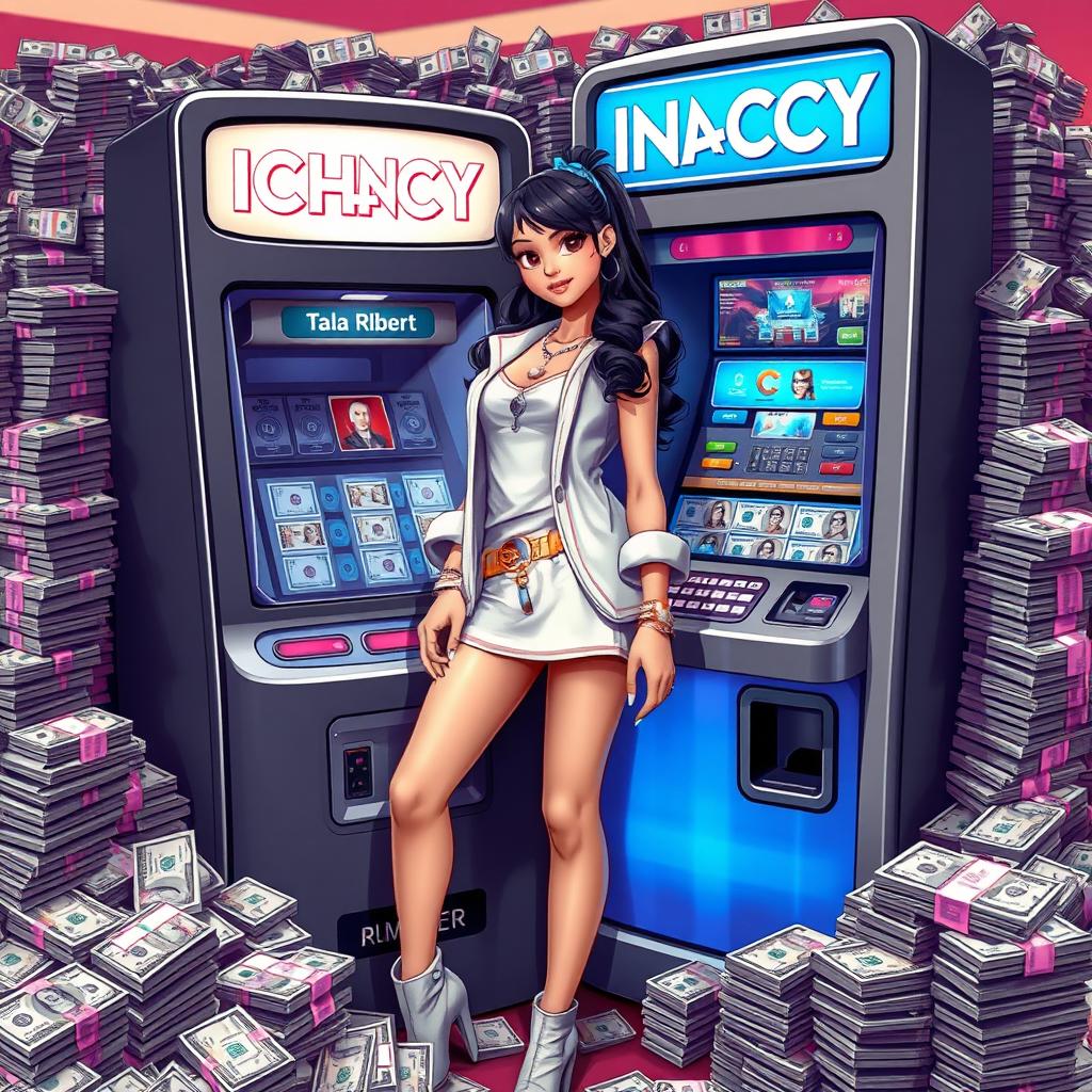 A stylish and modern girl standing next to an ICHA-NCY machine, surrounded by stacks of money and dollar bills