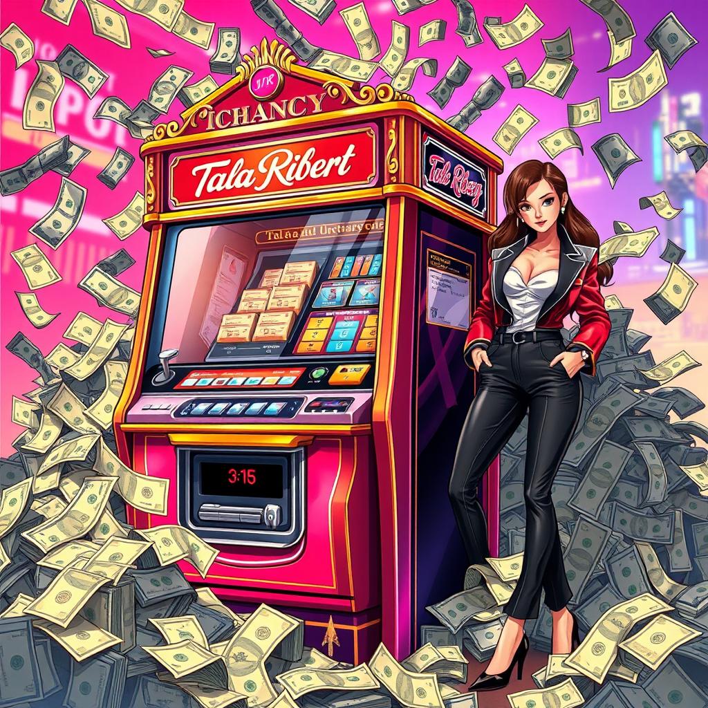 An illustration featuring a luxurious Ichancy machine surrounded by piles of cash and dollar bills