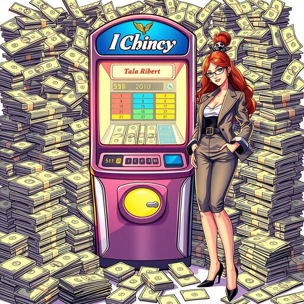 An illustration featuring an IChancy machine surrounded by stacks of money and dollar bills