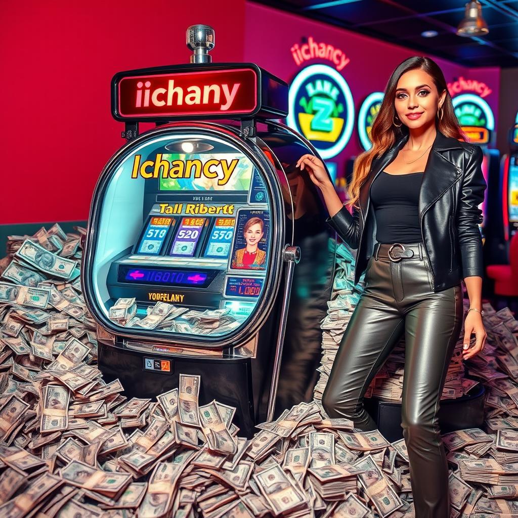 An Ichancy machine surrounded by piles of cash and dollar bills, with the name 'Tala Ribert' prominently displayed on it