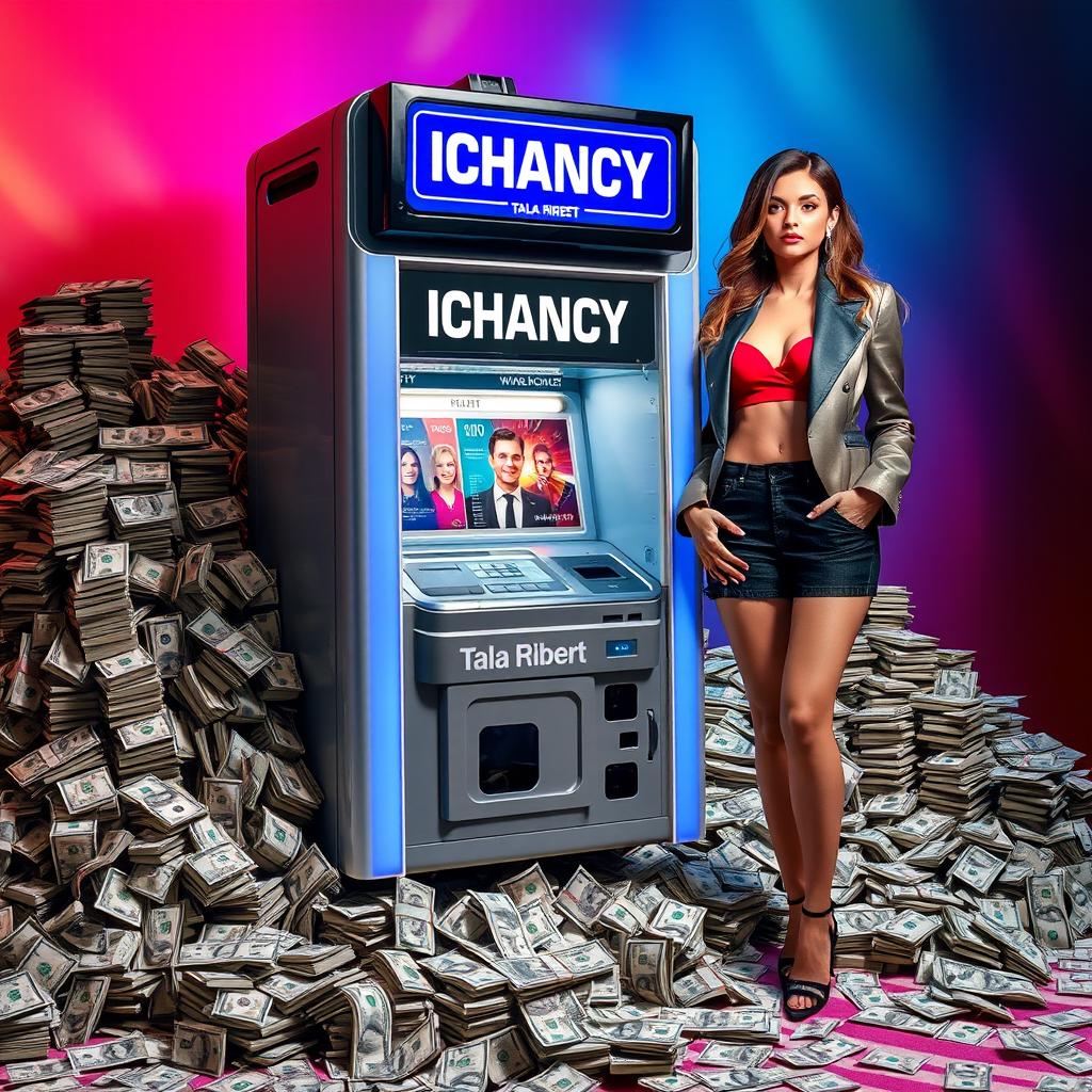A stylish and modern setting featuring an ICHANCY machine surrounded by piles of money and dollar bills